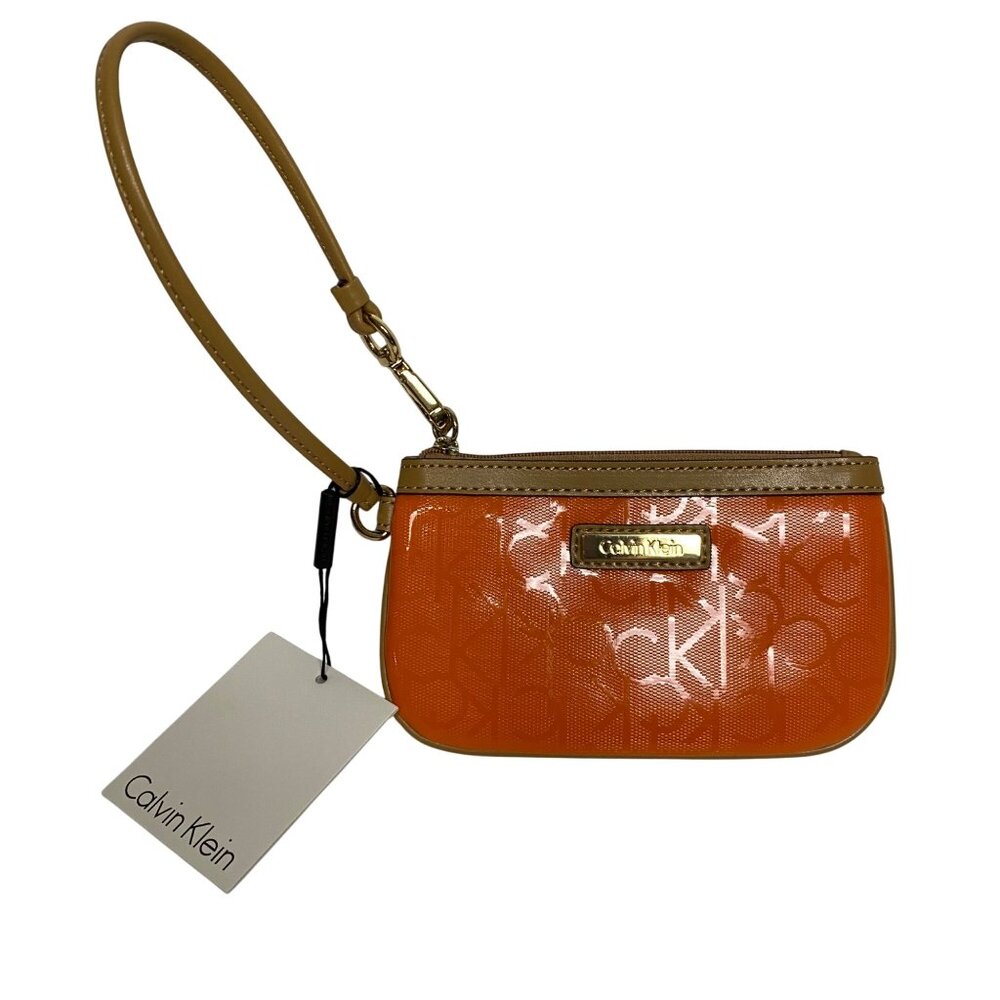 Calvin Klein Orange Monogram PVC Wristlet‎ With Gold-Tone Hardware & Beige Trim